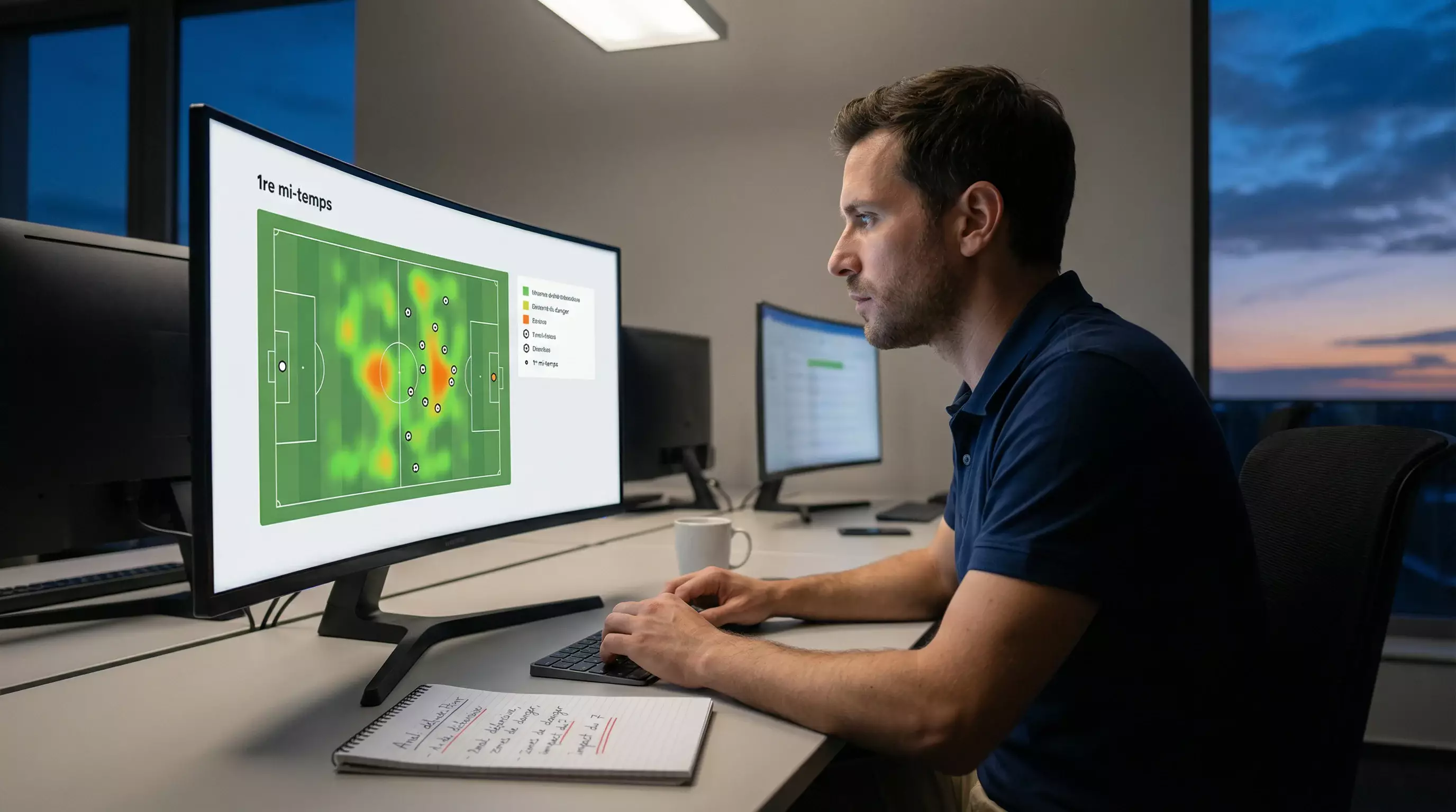 Journaliste sportif analysant des statistiques de football sur un écran dans une salle de presse