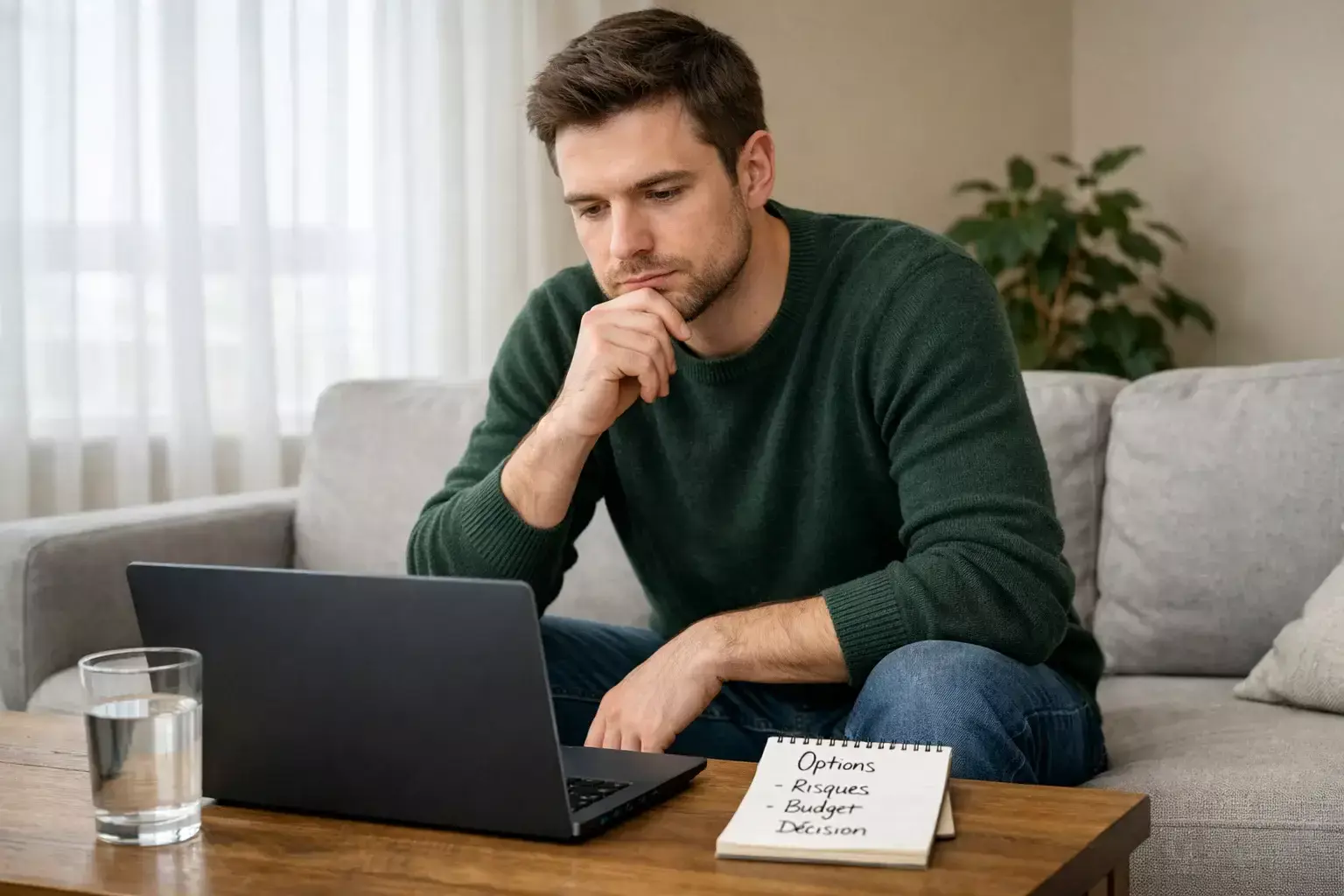 Homme réfléchissant devant un ordinateur portable dans un salon, expression concentrée