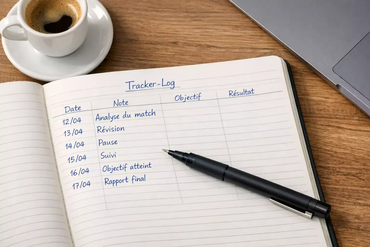 Carnet de notes ouvert avec un stylo sur un bureau, registre de suivi de paris sportifs