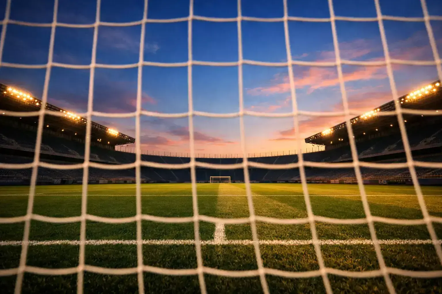 Stade de football éclairé en soirée avec pelouse verte et tribunes