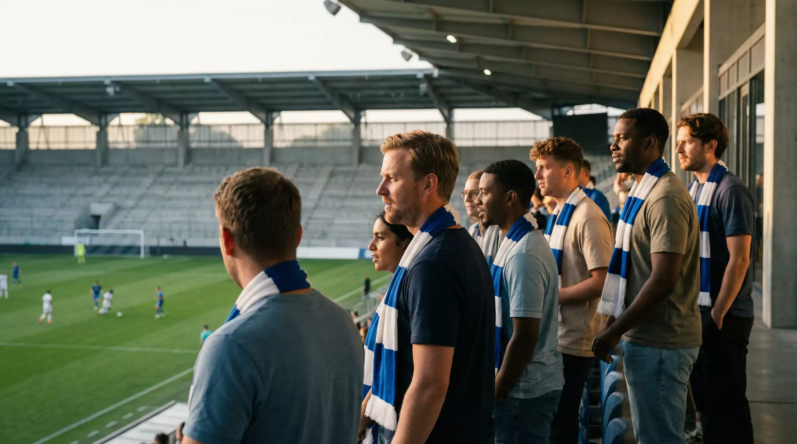 Supporters dans un stade de football regardant un match en tribune avec écharpes et drapeaux
